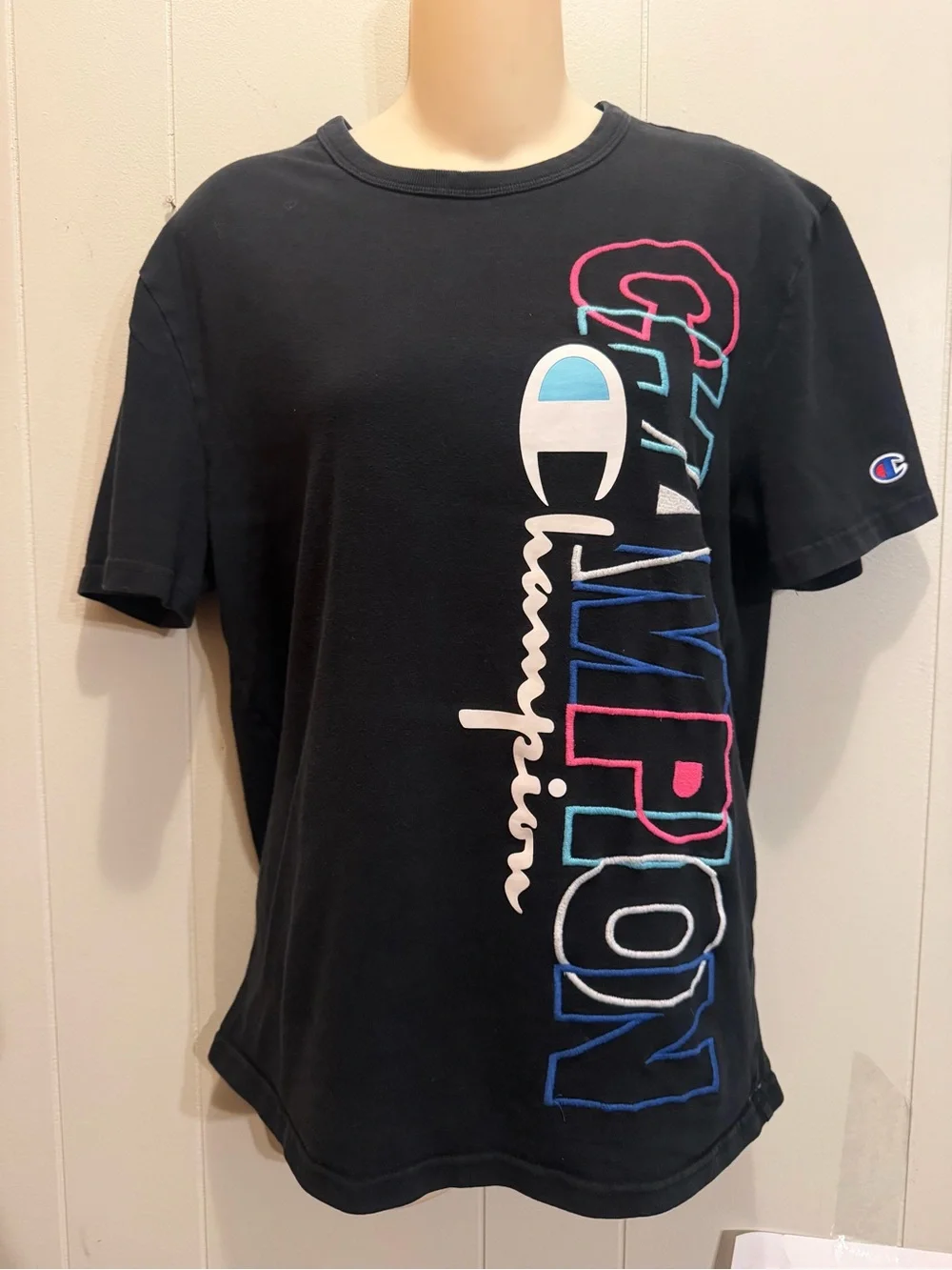 Vintage Y2K 90s Champion Neon Spellout Embroidered Black Tee 41" Chest 2000s - Picture 2 of 6